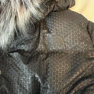 Women’s The North Face Parka 3/4 length. Size L with fur lined hood